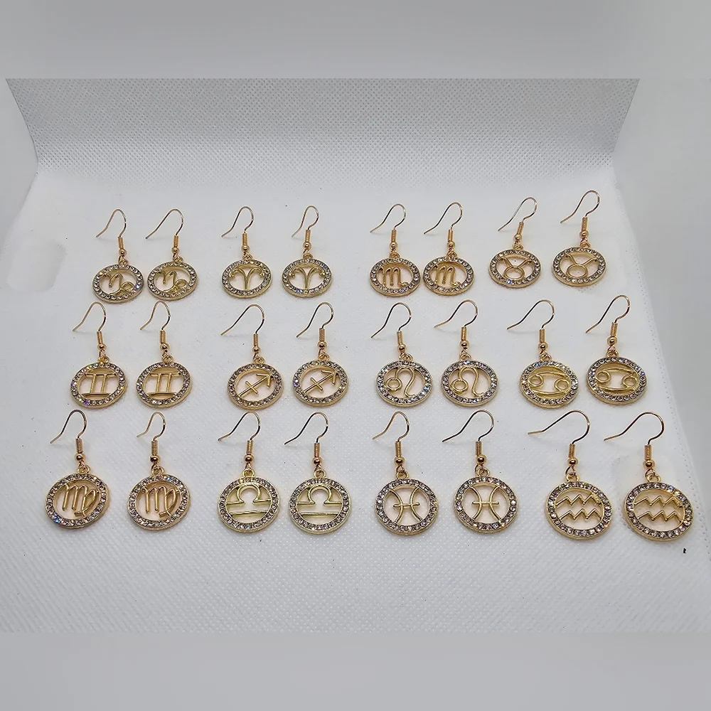 Zodiac Sign Hook Earrings! Hypo-Allergenic Handmade Gold Color with Cubic Zircon